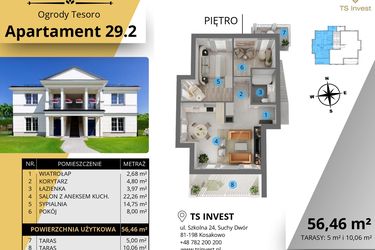 Rzut - Mieszkanie na sprzedaż 2 pokoje o powierzchni 56,46 m² - numer 29.2. w Ogrody Tesoro VI