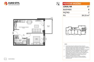 Rzut - Mieszkanie na sprzedaż 2 pokoje o powierzchni 39,23 m² - numer B17 w Przystań Brzeźno etap 1.2