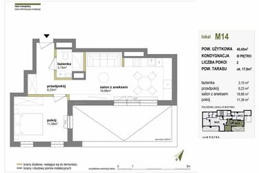 Rzut - Mieszkanie na sprzedaż 2 pokoje o powierzchni 40,45 m² - numer M14 w Międzylesie przy lesie