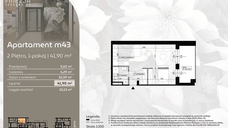 Rzut - Mieszkanie na sprzedaż 1 pokój o powierzchni 41,9 m² - numer M43 w Finezja Targowa 49
