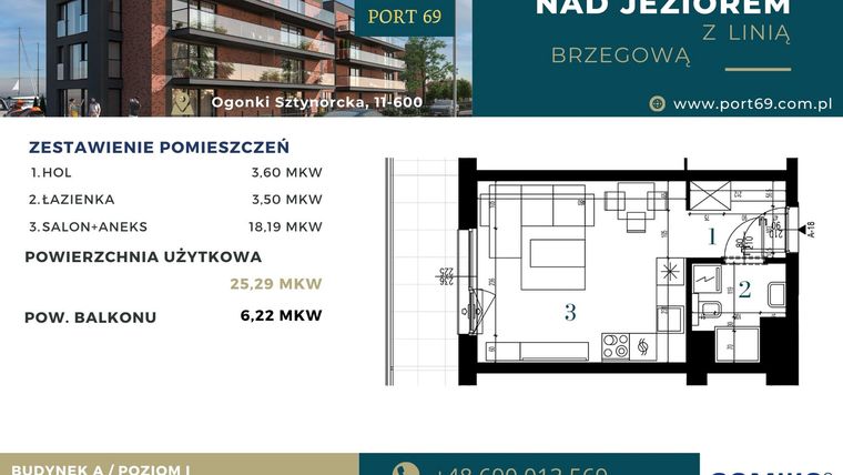 Rzut - Mieszkanie na sprzedaż 1 pokój o powierzchni 25,29 m² - numer A-18 w Port 69