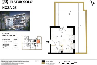 Rzut - Mieszkanie na sprzedaż 1 pokój o powierzchni 25,09 m² - numer 1 w Hoża 25
