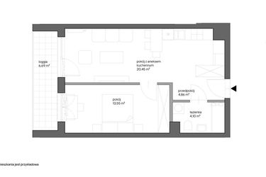 Rzut - Mieszkanie na sprzedaż 2 pokoje o powierzchni 42,96 m² - numer B.042 w Słoneczne Miasteczko - etap XV