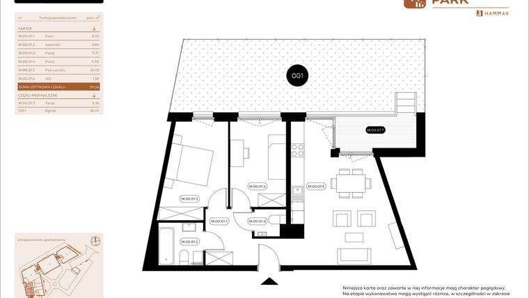 Rzut - Mieszkanie na sprzedaż 3 pokoje o powierzchni 59,06 m² - numer 0.01 w Białoprądnicka Park