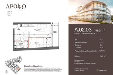 Rzut - Mieszkanie na sprzedaż 2 pokoje o powierzchni 39,78 m² - numer A.2.03 w Apollo Residence