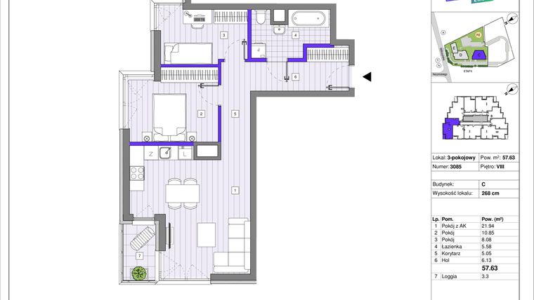Rzut - Mieszkanie na sprzedaż 3 pokoje o powierzchni 57,63 m² - numer 3085 w Wólczyńskaah! II etap