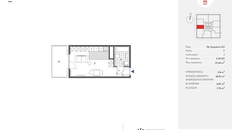 Rzut - Mieszkanie na sprzedaż 1 pokój o powierzchni 27,71 m² - numer C.07.03 w Mieszkaj w mieście - Na Tysiącleciu budynek C