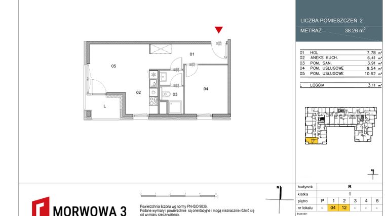 Rzut - Mieszkanie na sprzedaż 2 pokoje o powierzchni 38,26 m² - numer 4 w Morwowa 3 - Apartamenty Inwestycyjne
