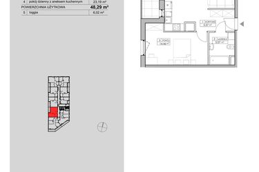 Rzut - Mieszkanie na sprzedaż 2 pokoje o powierzchni 48,29 m² - numer 2.A74 w Niebieski Bursztyn II