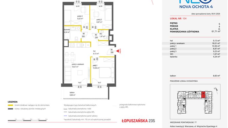 Rzut - Mieszkanie na sprzedaż 4 pokoje o powierzchni 61,71 m² - numer 104 w Neo Nova Ochota 4