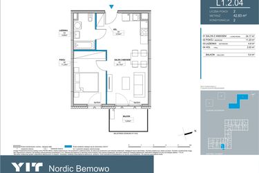 Rzut - Mieszkanie na sprzedaż 2 pokoje o powierzchni 42,83 m² - numer L1.2.04 w Nordic Bemowo - etap III