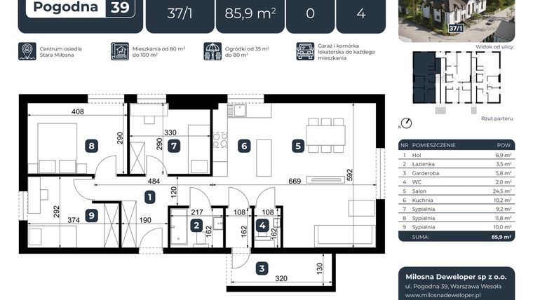 Rzut - Mieszkanie na sprzedaż 4 pokoje o powierzchni 87 m² - numer 37/1 w Pogodna 39
