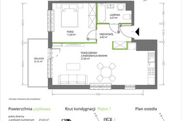 Rzut - Mieszkanie na sprzedaż 2 pokoje o powierzchni 45,41 m² - numer 1/242 w Krakowska Vita