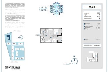 Rzut - Mieszkanie na sprzedaż 2 pokoje o powierzchni 36,61 m² - numer 23 w Piasta Towers bud. 90A
