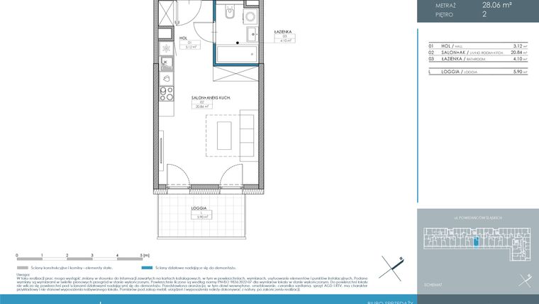 Rzut - Mieszkanie na sprzedaż 1 pokój o powierzchni 28,06 m² - numer 1.2.2.03 w Nordic Powstańców Śląskich