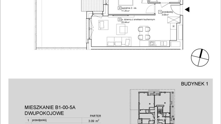Rzut - Mieszkanie na sprzedaż 2 pokoje o powierzchni 42,34 m² - numer B1-00-5A w Francuska Park IX