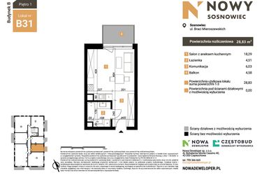 Rzut - Mieszkanie na sprzedaż 1 pokój o powierzchni 28,83 m² - numer B31 w Nowy Sosnowiec