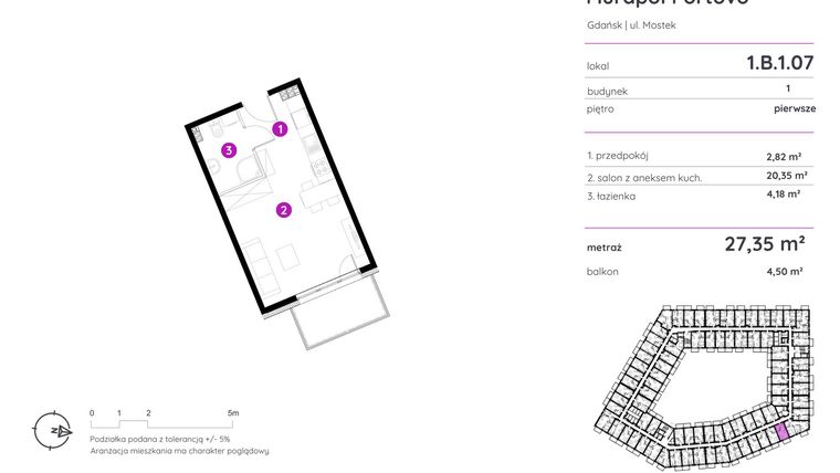 Rzut - Mieszkanie na sprzedaż 1 pokój o powierzchni 27,19 m² - numer 1.B.1.07 w Murapol Portovo etap II