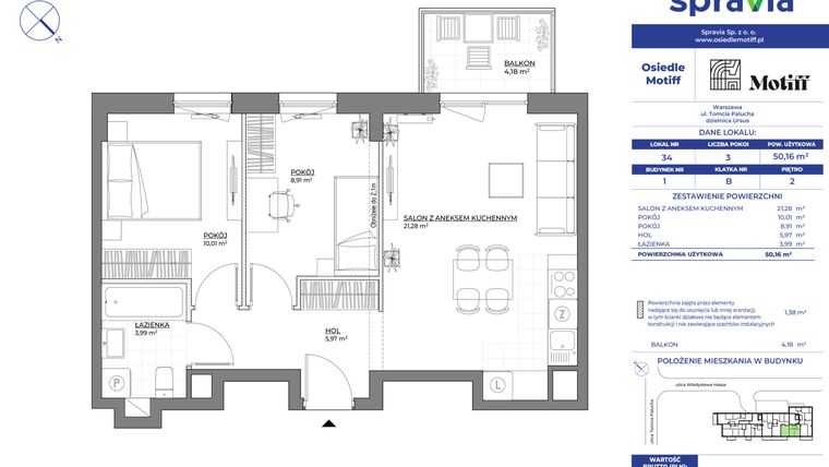 Rzut - Mieszkanie na sprzedaż 3 pokoje o powierzchni 50,16 m² - numer 1/34 w Osiedle Motiff