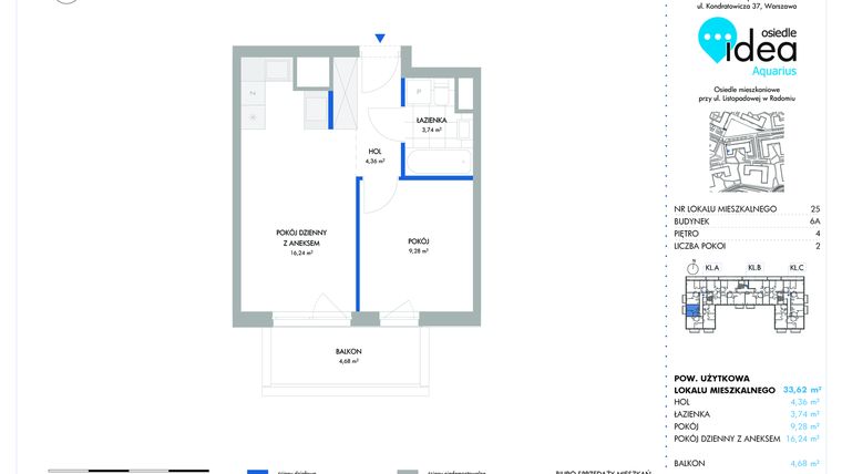 Rzut - Mieszkanie na sprzedaż 2 pokoje o powierzchni 33,62 m² - numer 6A/25 w Osiedle Idea Aquarius