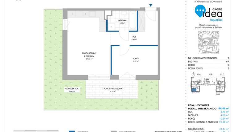 Rzut - Mieszkanie na sprzedaż 2 pokoje o powierzchni 44,86 m² - numer 6A/2 w Osiedle Idea Aquarius