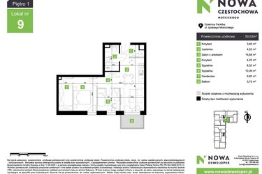 Rzut - Mieszkanie na sprzedaż 3 pokoje o powierzchni 50,63 m² - numer M9 w Nowa Częstochowa Mościckiego