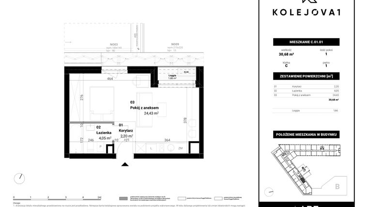 Rzut - Mieszkanie na sprzedaż 1 pokój o powierzchni 30,68 m² - numer C-01-01 w Kolejova 1