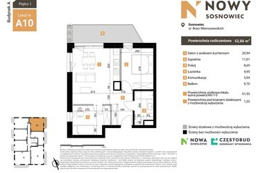 Rzut - Mieszkanie na sprzedaż 3 pokoje o powierzchni 52,68 m² - numer A10 w Nowy Sosnowiec