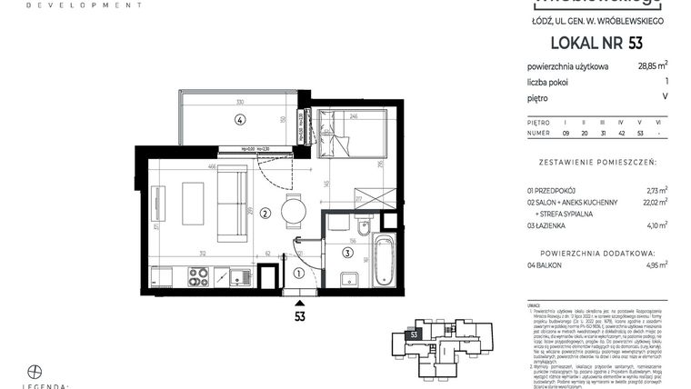 Rzut - Mieszkanie na sprzedaż 1 pokój o powierzchni 28,85 m² - numer A53 w Wróblewskiego
