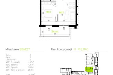 Rzut - Mieszkanie na sprzedaż 2 pokoje o powierzchni 46,26 m² - numer B6M27 w Osiedle Natura Park etap II