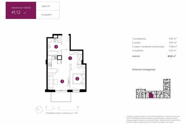 Rzut - Mieszkanie na sprzedaż 2 pokoje o powierzchni 41,12 m² - numer 1.B.8.02 w Murapol Urcity