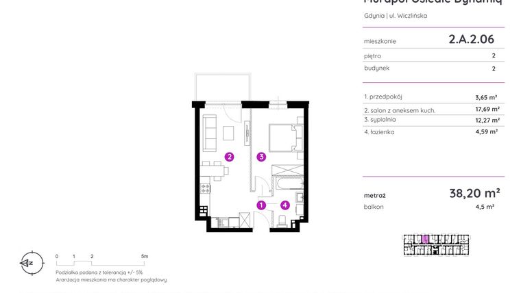 Rzut - Mieszkanie na sprzedaż 2 pokoje o powierzchni 38,2 m² - numer 2.A.2.06 w Murapol Osiedle Dynamiq