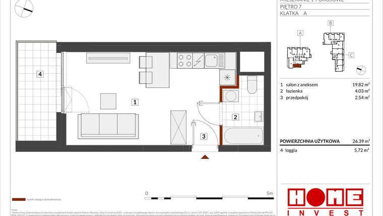Rzut - Mieszkanie na sprzedaż 1 pokój o powierzchni 26,39 m² - numer B2-A061 w Warszawski Świt etap IX