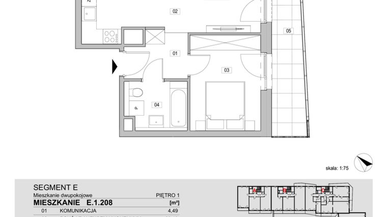 Rzut - Mieszkanie na sprzedaż 2 pokoje o powierzchni 43,75 m² - numer E.1.208 w ATAL Unii Lubelskiej