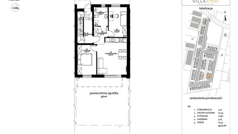 Rzut - Mieszkanie na sprzedaż 3 pokoje o powierzchni 50,72 m² - numer M3 w Villa Stoki (mieszkania)