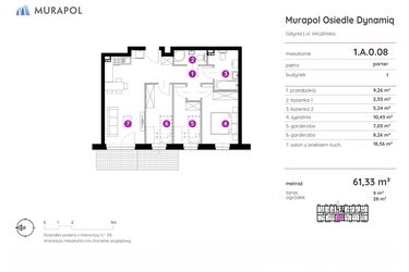 Rzut - Mieszkanie na sprzedaż 2 pokoje o powierzchni 61,33 m² - numer 1.A.0.08 w Murapol Osiedle Dynamiq