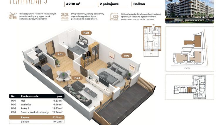 Rzut - Mieszkanie na sprzedaż 2 pokoje o powierzchni 42,18 m² - numer A 1.01 w Teatralna 3 - etap II