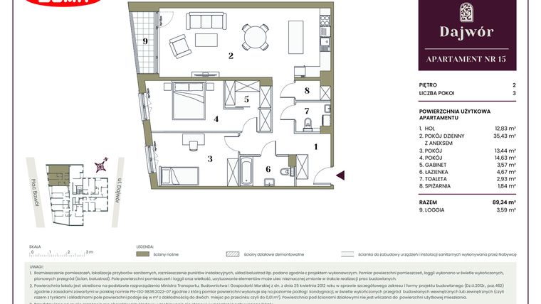 Rzut - Mieszkanie na sprzedaż 3 pokoje o powierzchni 89,34 m² - numer 15 w Dajwór