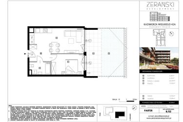 Rzut - Mieszkanie na sprzedaż 2 pokoje o powierzchni 43,84 m² - numer B02 w Kazimierza Wielkiego 42A etap II