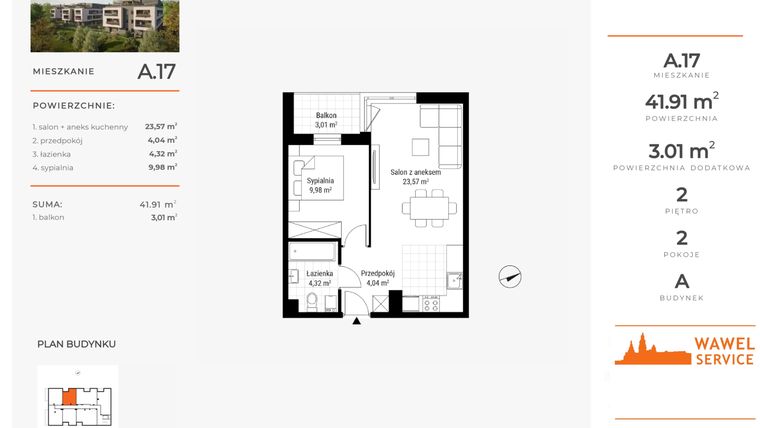 Rzut - Mieszkanie na sprzedaż 2 pokoje o powierzchni 41,91 m² - numer A.17 w Nowa Namiarkowa
