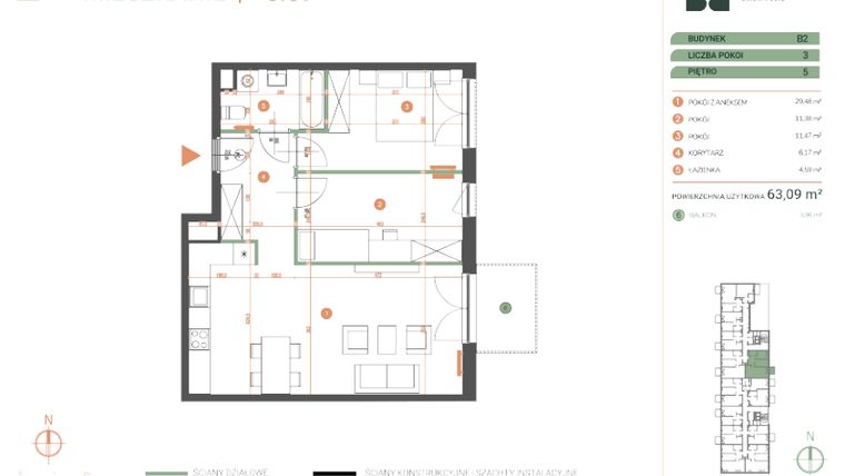 Rzut - Mieszkanie na sprzedaż 3 pokoje o powierzchni 63,09 m² - numer M.05.09 w Casa Feliz Portowa
