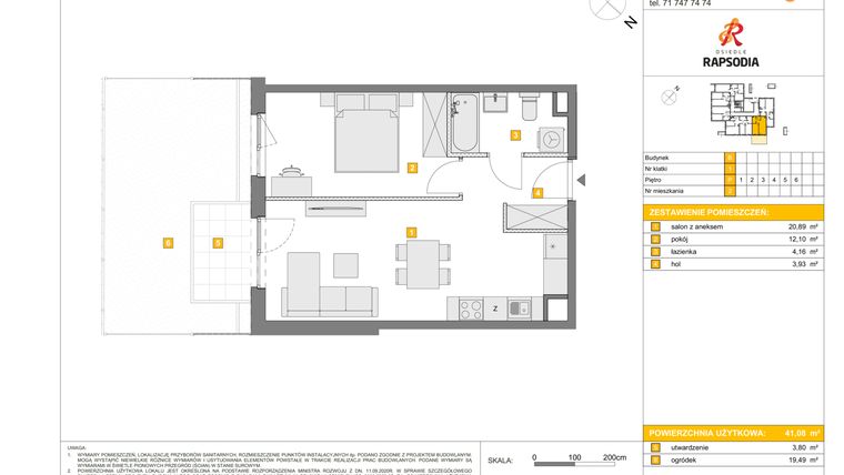 Rzut - Mieszkanie na sprzedaż 2 pokoje o powierzchni 41,08 m² - numer B.2 w Osiedle Rapsodia etap 2