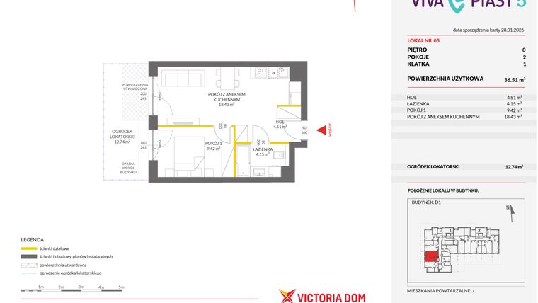 Rzut - Mieszkanie na sprzedaż 2 pokoje o powierzchni 36,54 m² - numer A.5 w Viva Piast 5