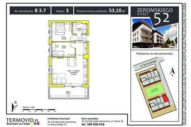 Rzut - Mieszkanie na sprzedaż 3 pokoje o powierzchni 53,1 m² - numer B 3.7 w Żeromskiego Street 52