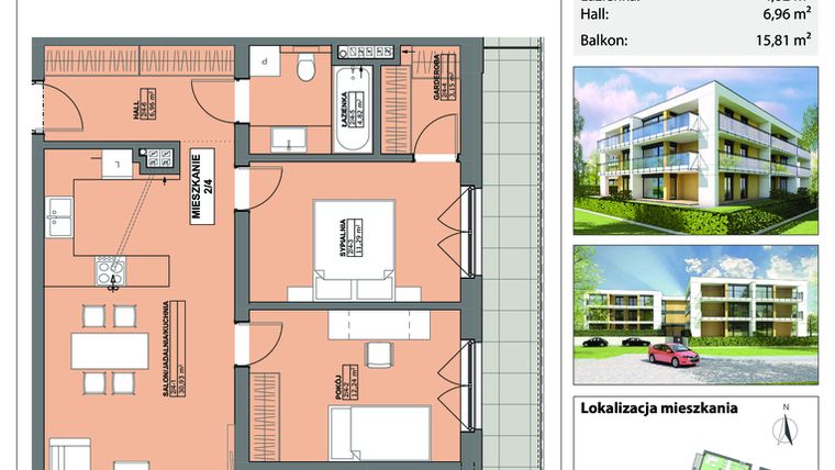 Rzut - Mieszkanie na sprzedaż 3 pokoje o powierzchni 69,39 m² - numer 2/4 w Apartamenty Laurowe
