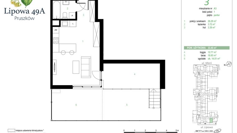 Rzut - Mieszkanie na sprzedaż 1 pokój o powierzchni 33,4 m² - numer 3A w Lipowa 49A