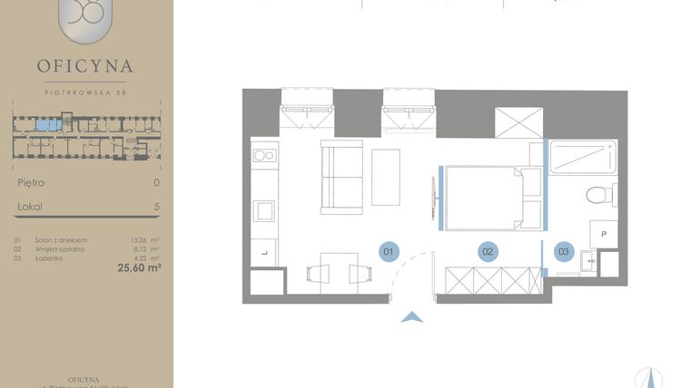 Rzut - Mieszkanie na sprzedaż 1 pokój o powierzchni 25,6 m² - numer 5 w Oficyna - Apartamenty Inwestycyjne Apart Hotel