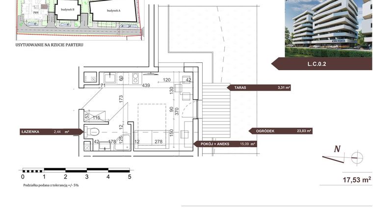 Rzut - Mieszkanie na sprzedaż 1 pokój o powierzchni 17,53 m² - numer L.C.0.2 w Royal Studios Smart Apartments etap 2