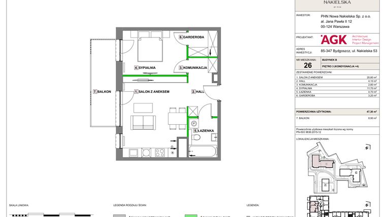 Rzut - Mieszkanie na sprzedaż 2 pokoje o powierzchni 47,3 m² - numer NN-B-LM-26 w Nowa Nakielska by PHN