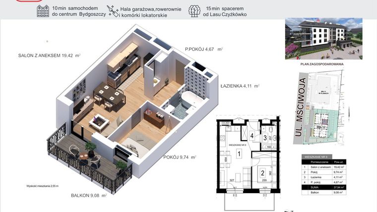 Rzut - Mieszkanie na sprzedaż 2 pokoje o powierzchni 37,94 m² - numer 9 w Mściwoja MS-12